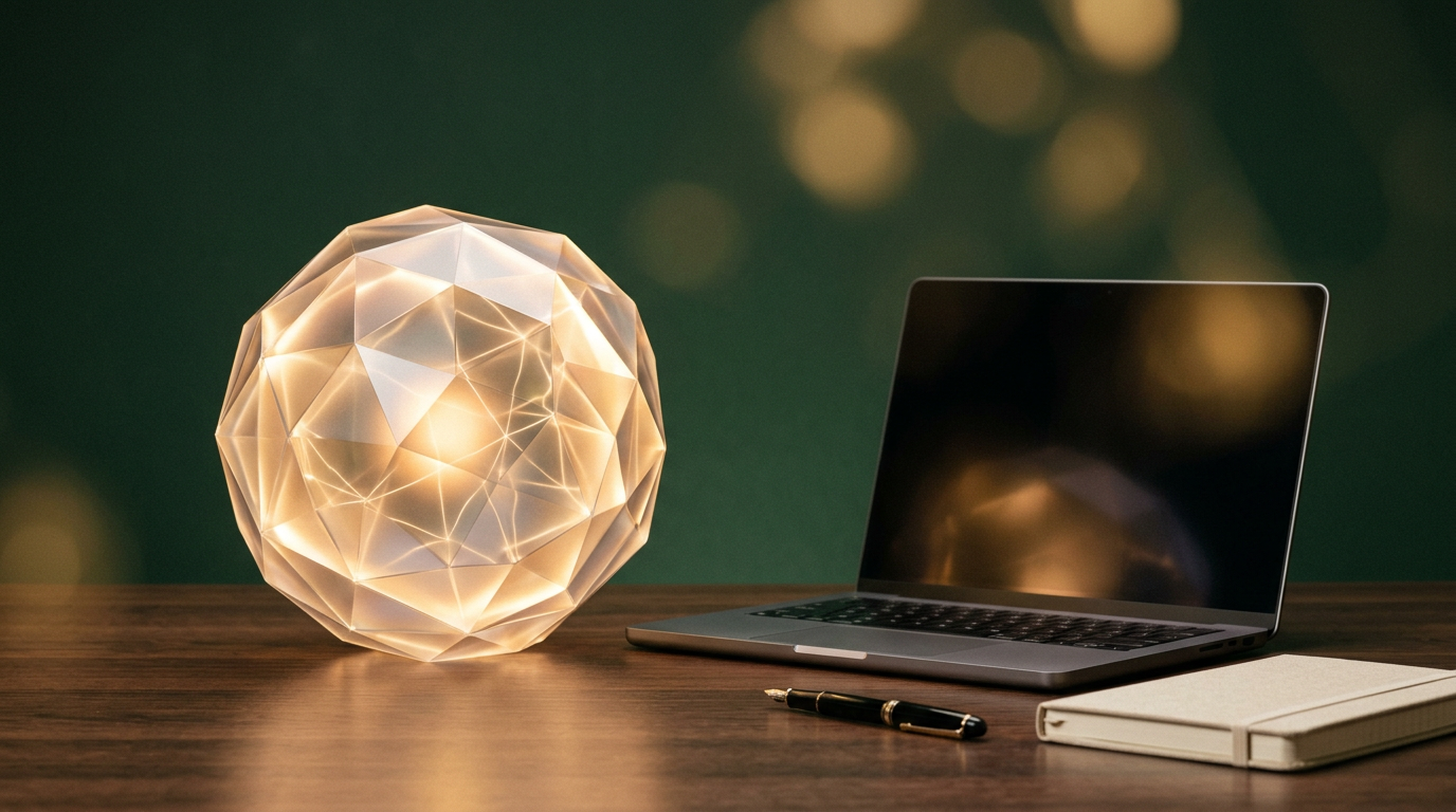 Vizuelna metafora AI agenta — svetleća geometrijska sfera pored laptopa