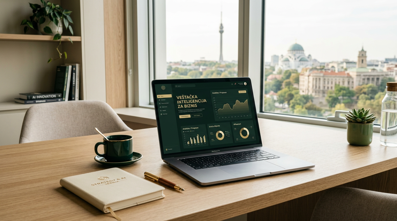 Laptop na radnom stolu sa AI dashboard-om i pogledom na Beograd kroz prozor